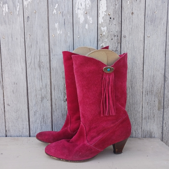 Shoes - Vtg 70s Red Suede Western Cowgirl Boots Women's Size 8M High Heel Fringe Boho